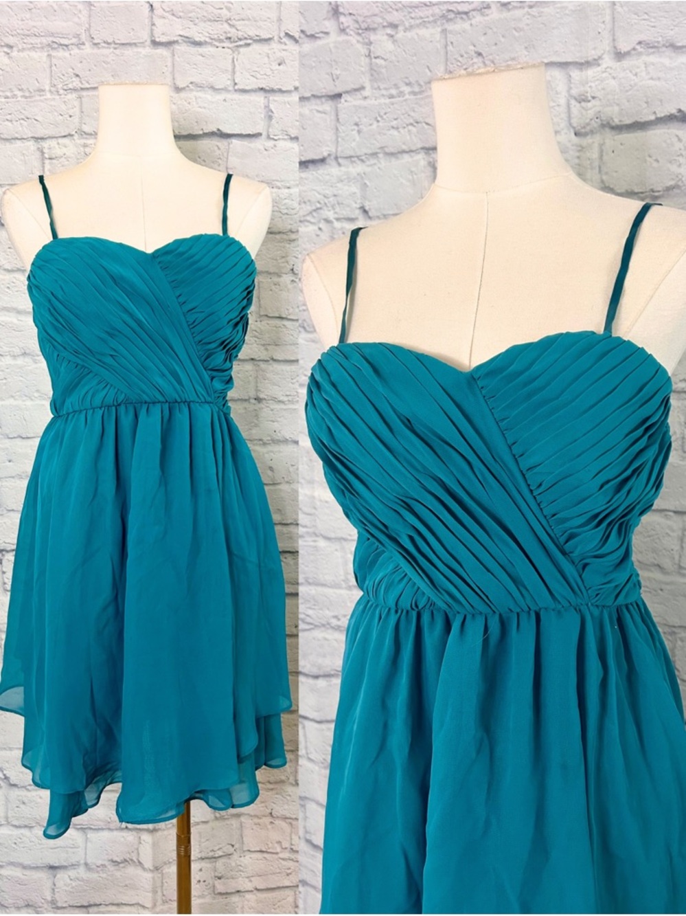 Adrianna Papell Evening Dress Mini Teal Pleated Chiffon Y2K Cocktail Party Out